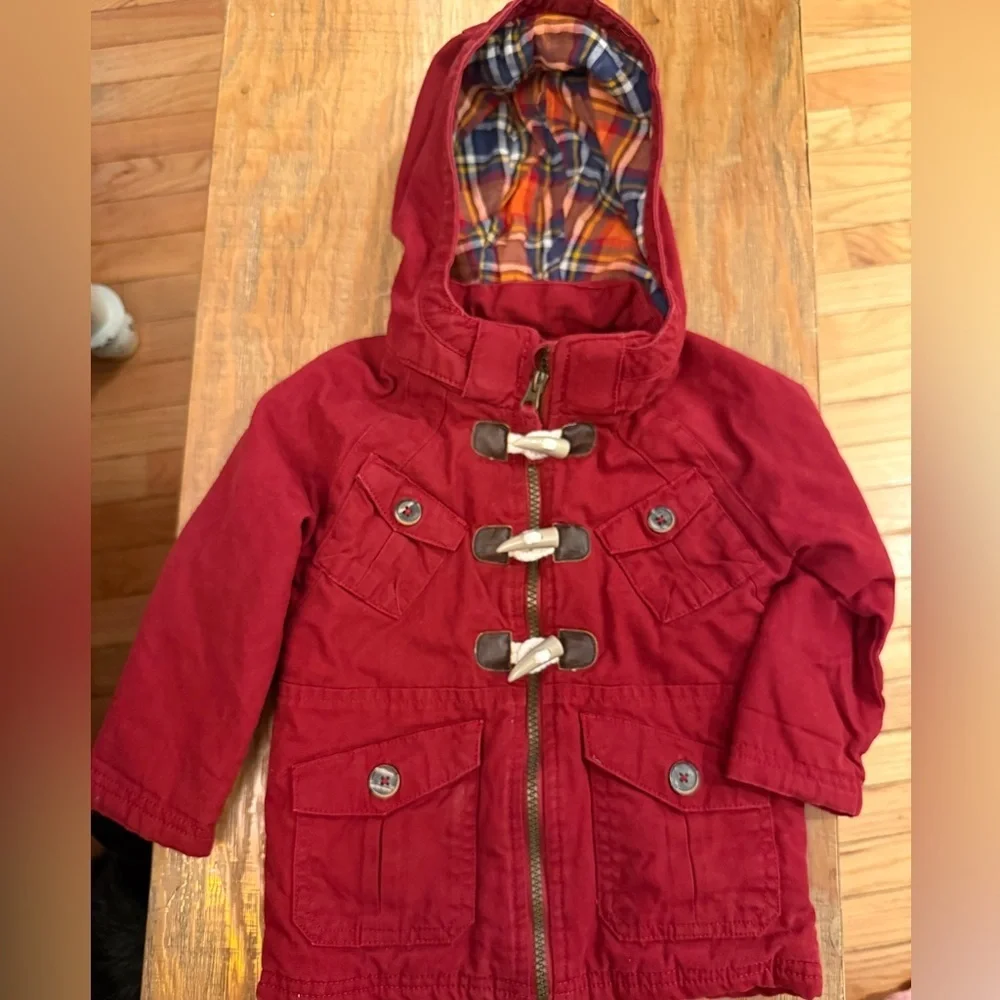 OshKosh B'gosh Red Hooded Plaid Lined Toggle & Zip Cozy Jacket 18M Fisherman